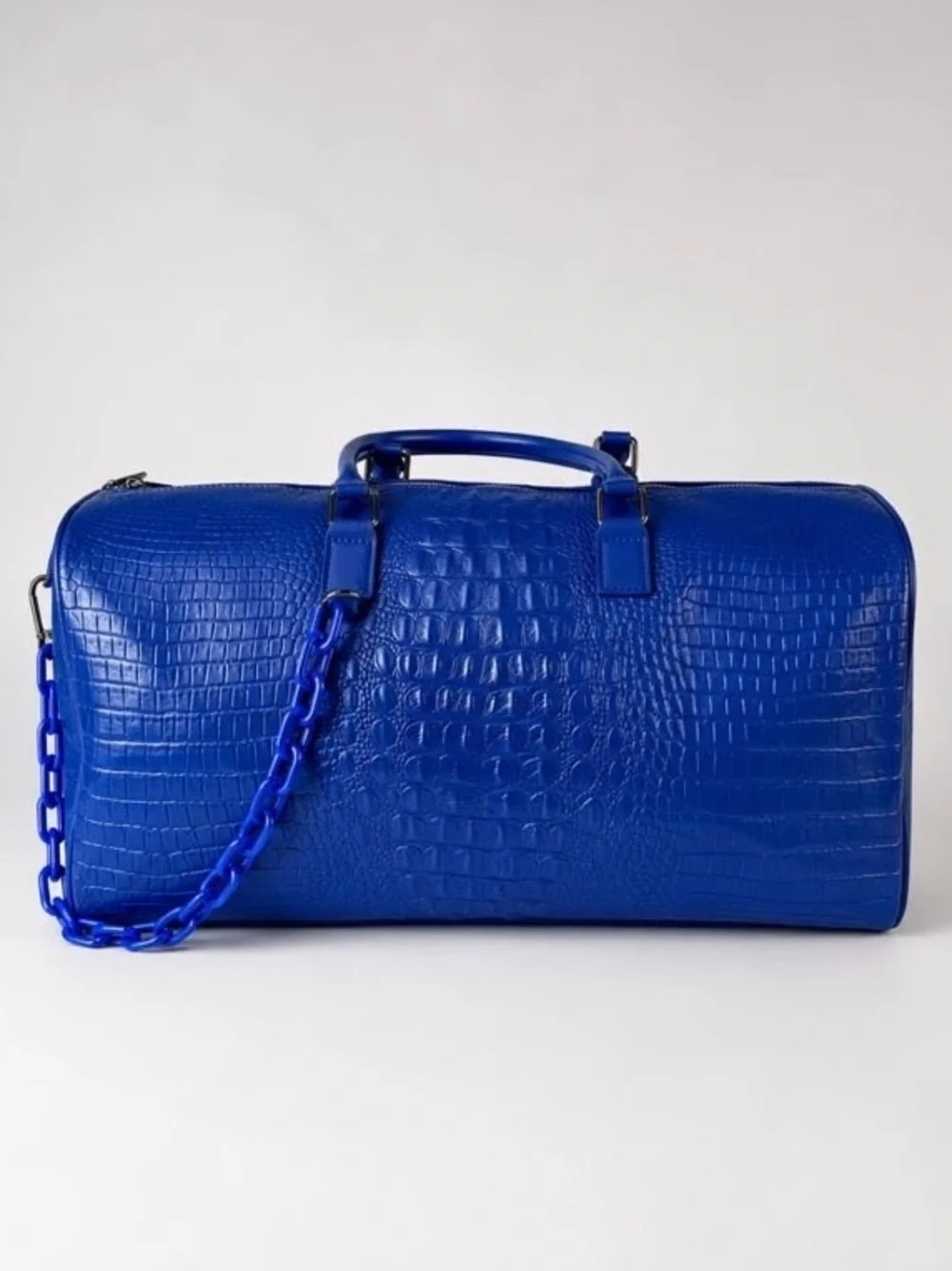 Blue Croc-Embossed Leather Weekender Duffel Bag